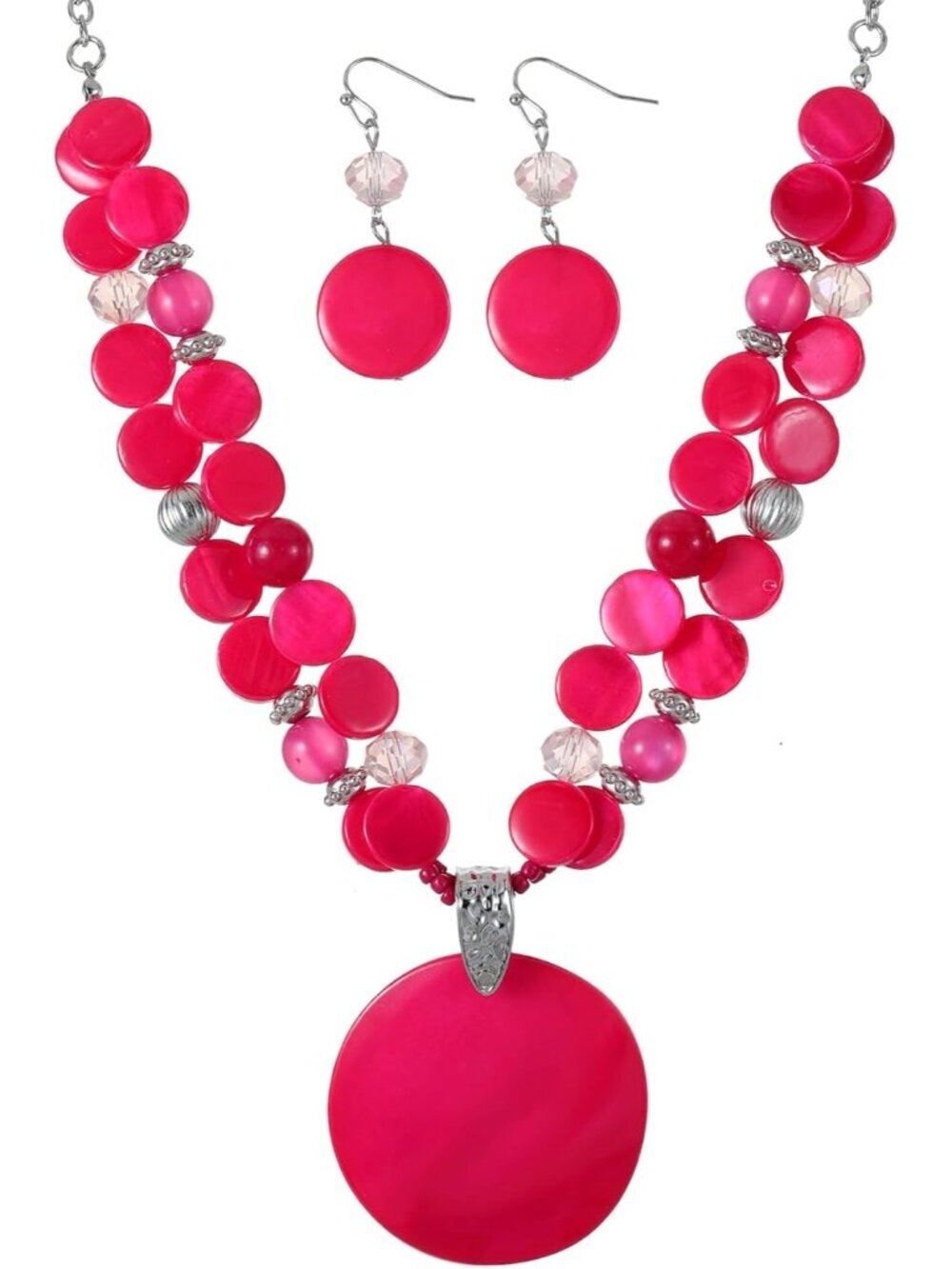 Women's Hot pink Layered Bead Statement Chunky Jewelry Set  Necklace And Earring